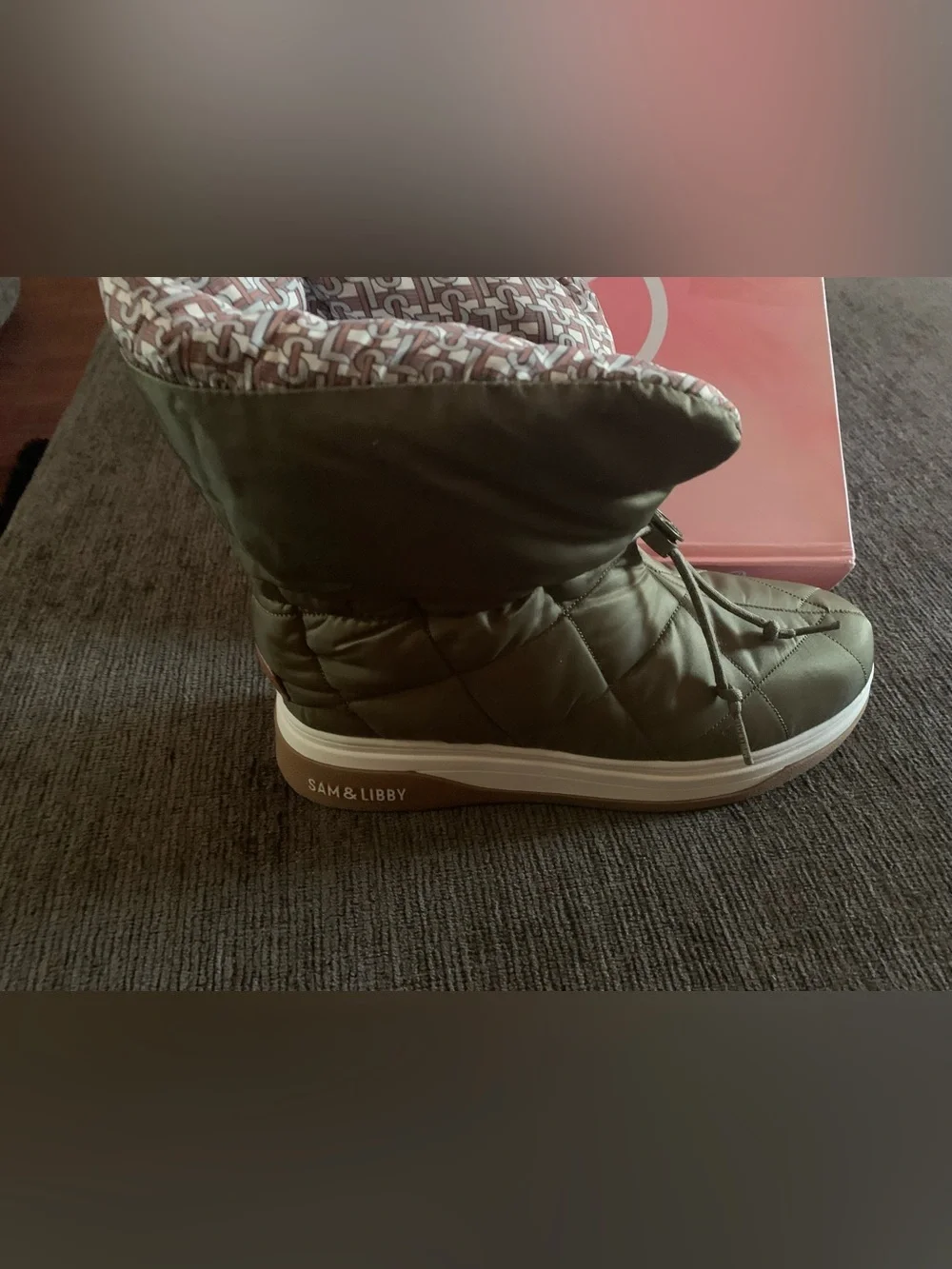 Sam & Libby Olive Quilted Ankle Boot with Patterned Cuff